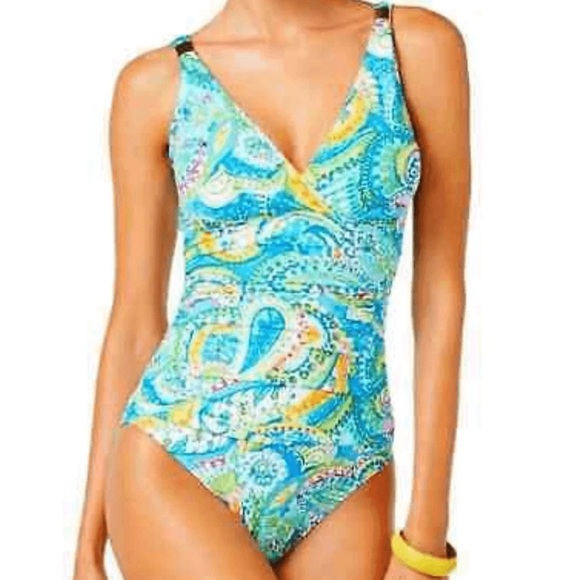 Lauren Ralph Lauren Swimsuit One-Piece Paisley Underwire Deep V Neck - Picture 1 of 10